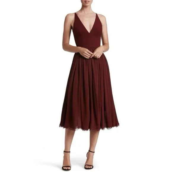 Dress the Population Alicia Mixed Media Midi Dress Burgundy Wine M - Picture 9 of 10